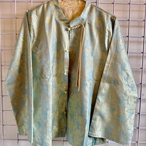 Luxurious Blue and Gold Brocade Jacket with Mandarin Collar